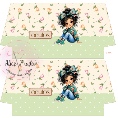 Padrão para tecido com flores, menina desenhada e texto para óculos