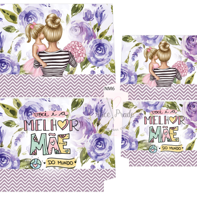 Produtos com ilustração de mãe e filha e texto em fundo floral roxo