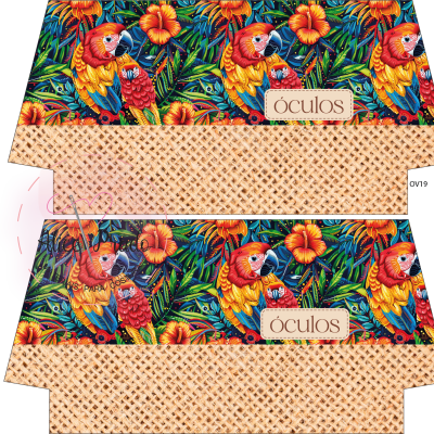 Caixas decoradas com padrão colorido de papagaio e flores para óculos