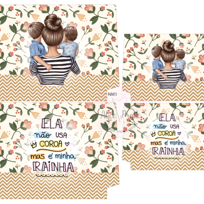 Etiquetas decorativas com ilustração de mãe e filhos e texto em português sobre padrão floral e ziguezague