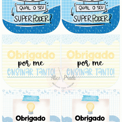 Ímans para professores com frases de agradecimento em azul, amarelo e branco.