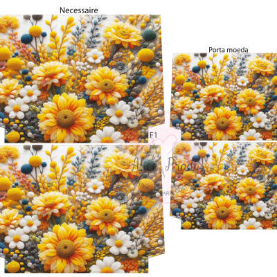 Conjunto com necessaire e porta-moedas com padrão floral amarelo e branco