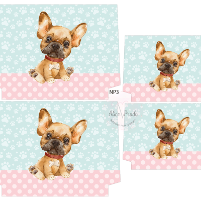 Ilustração de cão bulldog francês com coleira vermelha sobre fundo azul com patas brancas e faixa rosa com bolinhas brancas