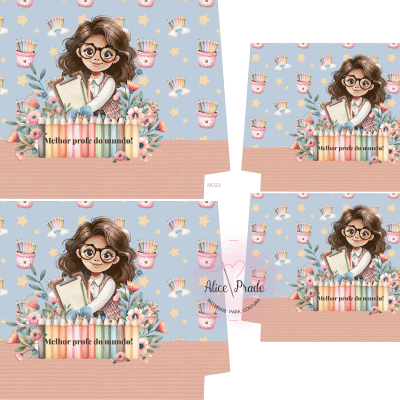 Capas azuis com padrão de canecas e personagem feminina com livros e flores