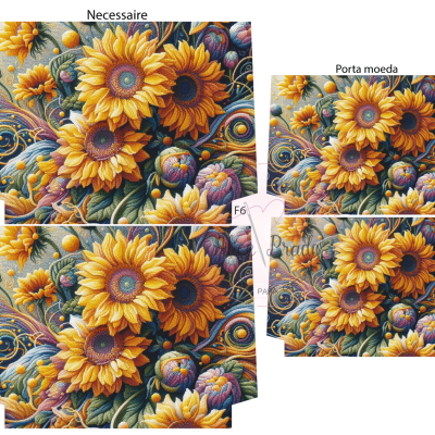 Conjunto de nécessaire, porta-moeda e bolsa com padrão colorido de girassóis e detalhes florais.