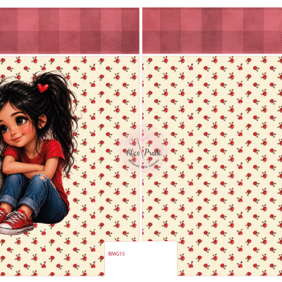 Padrão floral com menina e gato desenhados, fundo quadriculado vermelho e rosa