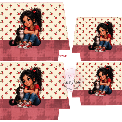 Estampado com rapariga e gato, fundo creme com rosas vermelhas e padrão xadrez vermelho.