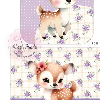 Design de tecido com veado bebé e padrão floral e riscas lilás