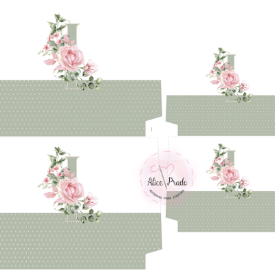 Moldes de caixas decoradas com flores e padrão de pontos brancos.