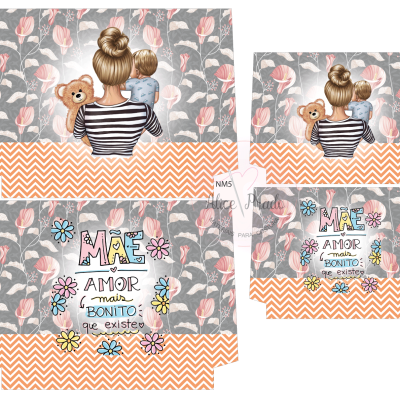 Ilustração de mulher com bebé, ursinho, flores e texto em fundo com folhas cinza e padrão laranja