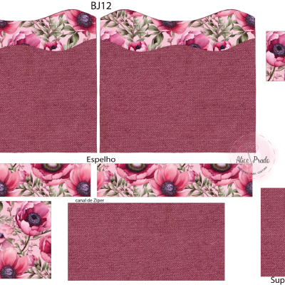 Pedaços de tecido em rosa com padrões florais e sólidos, com textos identificadores