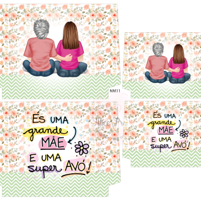 Cartão decorativo com ilustração de duas pessoas sentadas e texto em português sobre mãe e avó