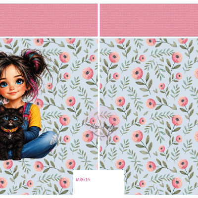 Ilustração colorida de rapariga com gato preto e fundo floral azul