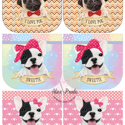 Sacos de tecido com desenhos de cães e textos I LOVE PUG, SWEETIE e LOVE, com padrões coloridos
