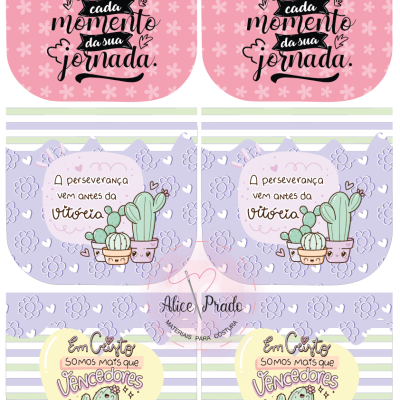 Toalhinhas coloridas infantis com frases motivacionais e desenhos de cactos e flores