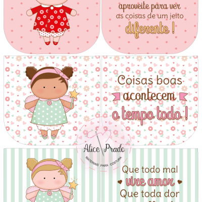 Conjuntos de cartões decorativos com bonecas e mensagens em português, fundo com padrões variados.