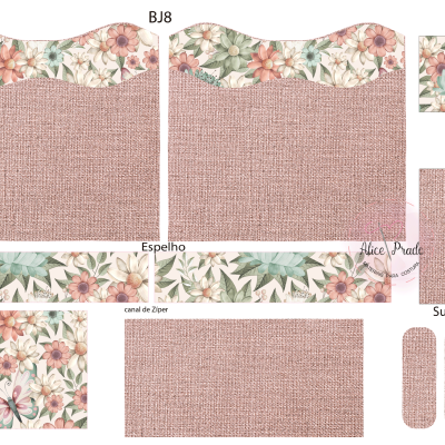 Padrões para bolsa com flores rosas, folhas verdes e fundo rosa claro com texto de instruções.