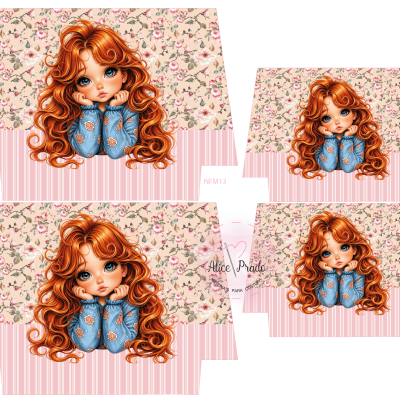 Tecido estampado com menina ruiva, flores e riscas rosa