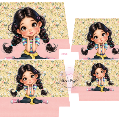 Papel decorativo com ilustração de menina de cabelos castanhos em tranças e fundo floral