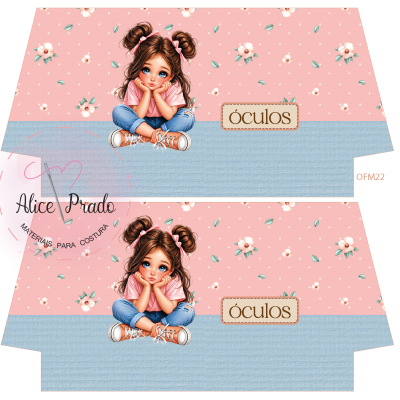 Caixa decorativa para óculos com ilustração de menina sentada em fundo rosa com flores