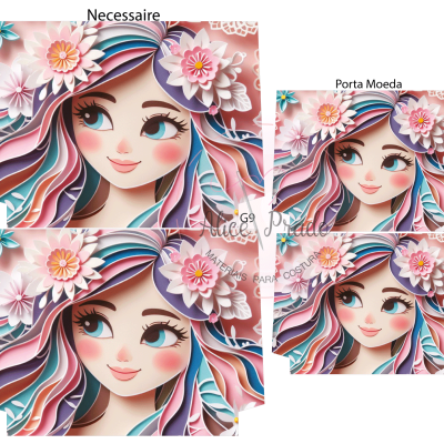 Produtos com ilustração de rapariga colorida e flores grandes cor de rosa