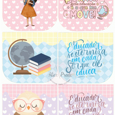 Etiquetas educativas com ilustrações e textos em português em tons pastel