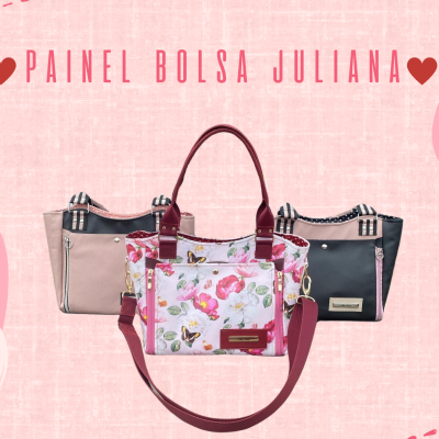 Três bolsas Juliana em bege, preto e floral com alças vinho, fundo rosa com texto vermelho PAINEL BOLSA JULIANA