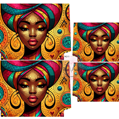 Ilustração colorida de mulher africana com turbante e fundo laranja com padrões