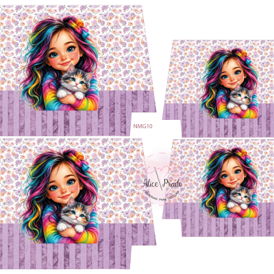 Caixa com ilustração de menina de cabelo colorido segurando gato sobre fundo floral lilás.