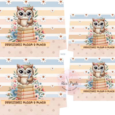 Sacolas com estampa de coruja, livros e texto para professores.