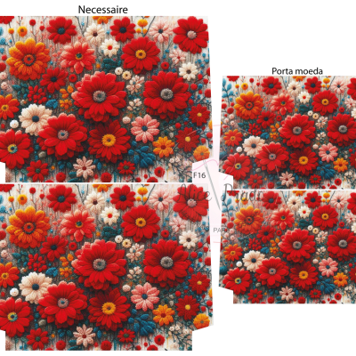 Necessaire e porta-moeda com padrão floral vermelho, laranja e branco