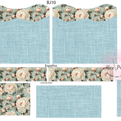 Peças tesselares para costura com padrões florais e textura azul clara, com textos em português