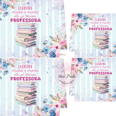 Imagem decorativa com livros empilhados, texto em rosa e flores coloridas em fundo riscado