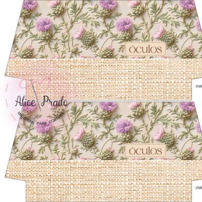 rótulos para embalagem com padrão floral lilás e textura bege com texto óculos