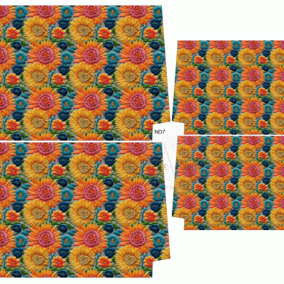 Folhas recortadas para embalagem com padrão floral colorido e etiqueta ND7