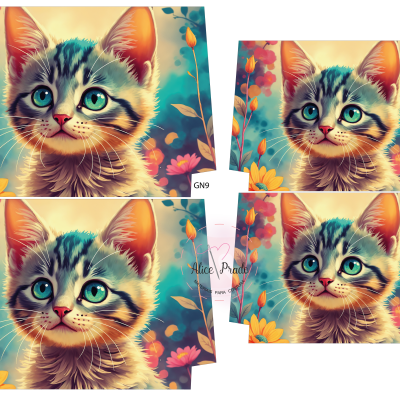 Imagem digital de rosto de gato cinza com olhos azuis e flores coloridas em fundo azul