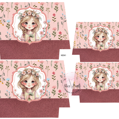 Padrão para caixa de papel com ilustração de menina e flores