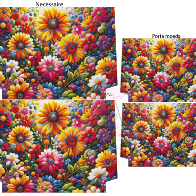 Conjunto de necessaire, porta-moeda e bolsa média com padrão floral colorido em fundo escuro