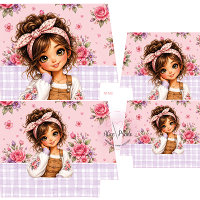 Menina ilustrada com laço rosa e fundo floral cor-de-rosa com padrão xadrez lilás