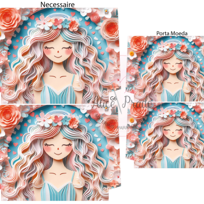 Conjunto de necessaire e porta-moeda com ilustração de mulher e flores em tons pastel