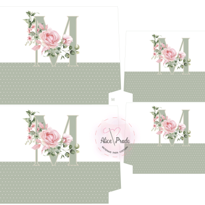 Caixas de papelão brancas com padrão verde e decoração floral e letra M