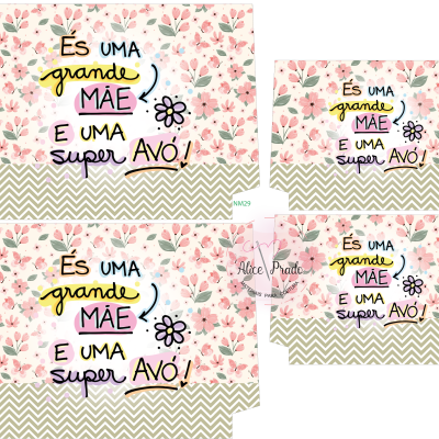 Caixas de papelão florais com texto 'És uma grande mãe e uma super avó!'