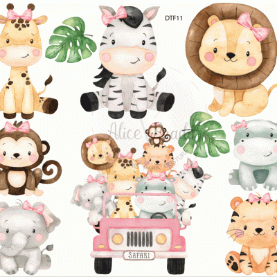 Ilustrações de animais fofos e coloridos com laços rosa, incluindo girafa, zebra, leão, macaco, hipopótamo, elefante e tigre, mais imagem de jipe cor-de-rosa com vários animais e plantas tropicais