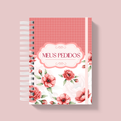 Caderno rosa com flores e texto MEUS PEDIDOS