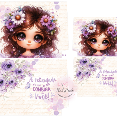 Caixa com ilustração de menina com coroa de flores e texto em português.