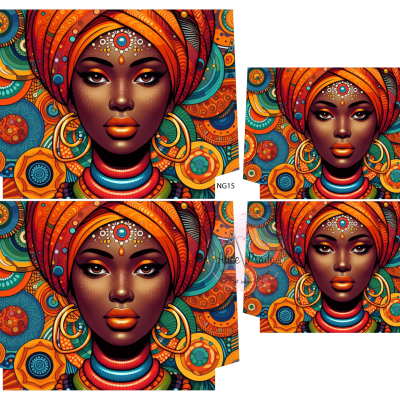 Ilustração de mulher afro com turbante laranja e azul e joias com fundo colorido