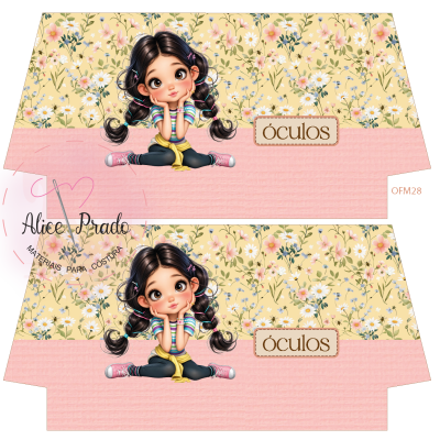 Caixa em papel com padrão floral e ilustração de menina, para óculos.