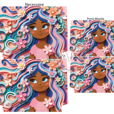 necessaire e porta-moeda com estampa de rapariga e flores coloridas