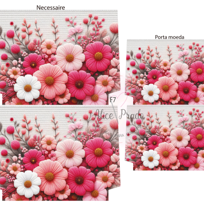 Conjunto de necessaire, carteira e porta-moeda com estampa floral em tons de rosa, branco e vermelho.