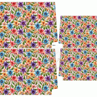 Cartões postais com padrão floral colorido e etiqueta ND4